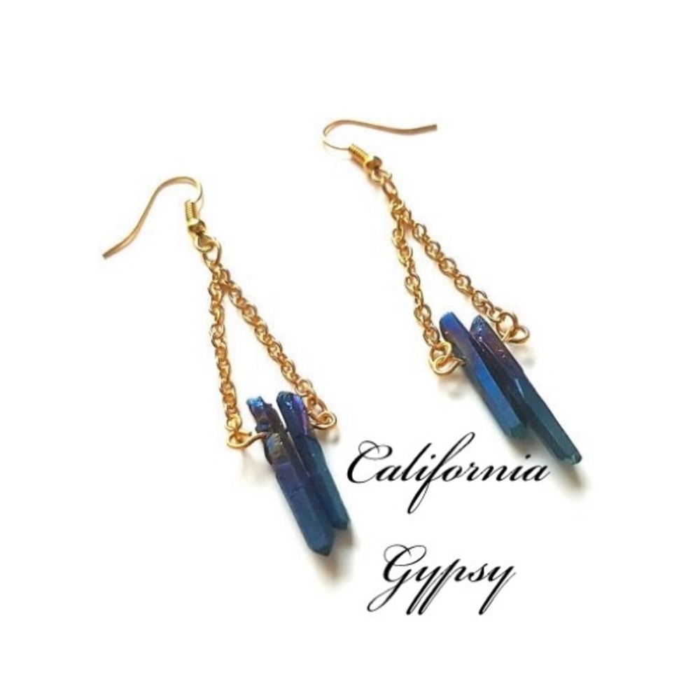 Boho hippie raw titanium quartz dangle earrings⨠- Picture 2 of 2